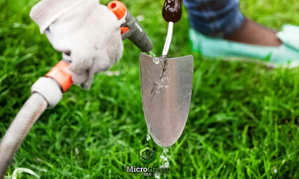 Woman washing gardening trowel on grass