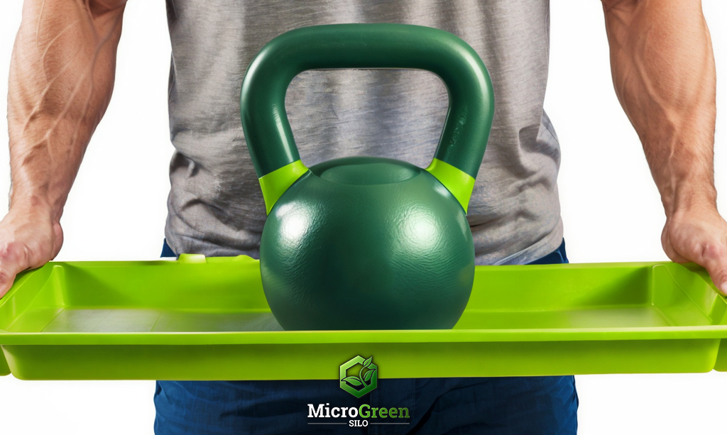 Man holding green kettlebell in 1020 seedling tray