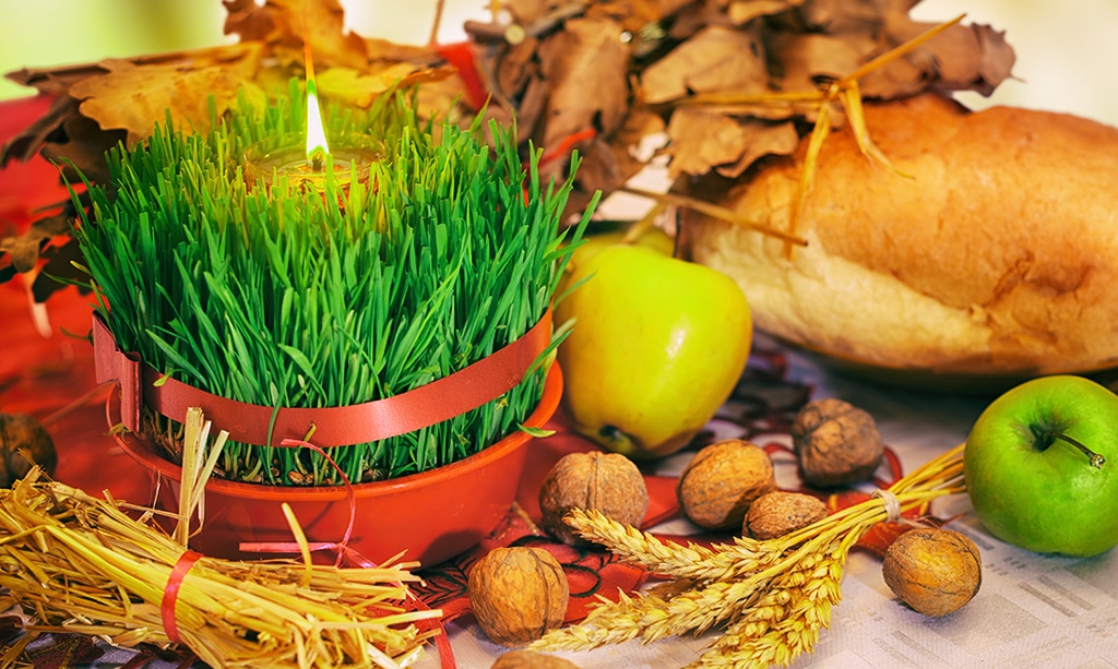 Slavic Christmas table set with wheatgrass, straw, bread ,nuts and apples.