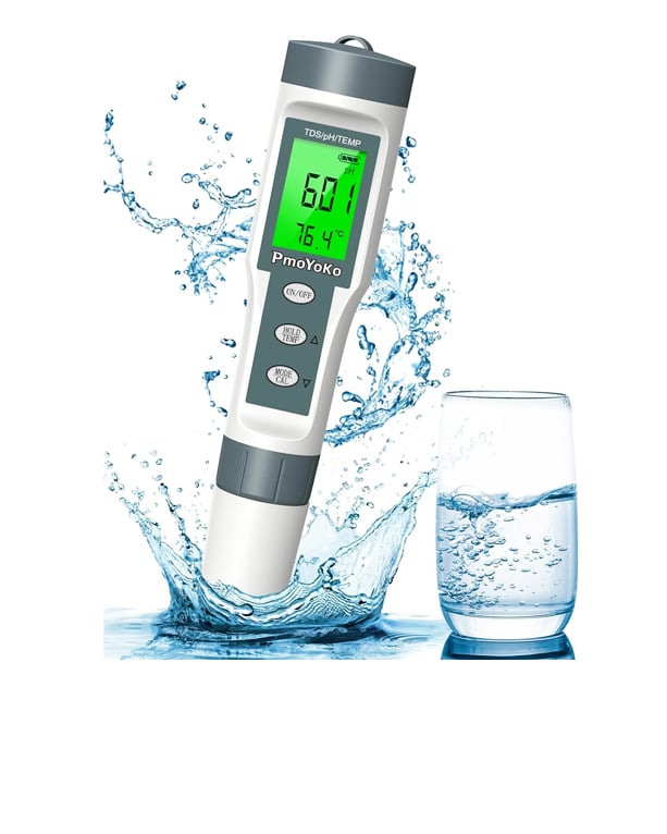 pH meter submerged in water with a glass of water near it