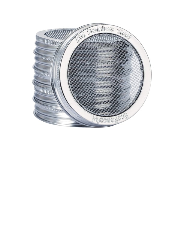 A stack of stainless steel mesh lids for wide mouth mason jars